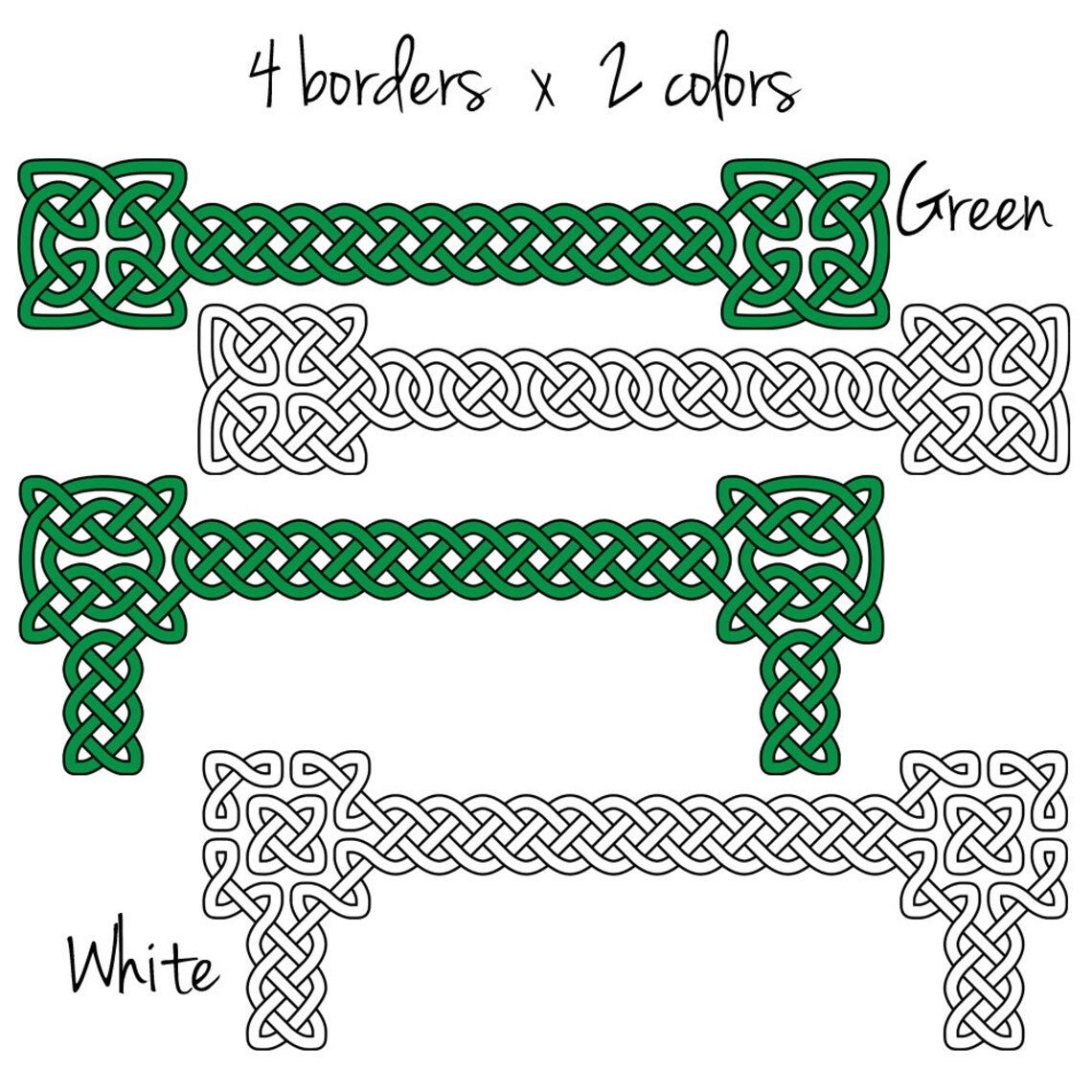 Celtic Borders Clip Art 2: Transparent, High-resolution PNG files of celtic knot borders for personal and commercial use in green and white