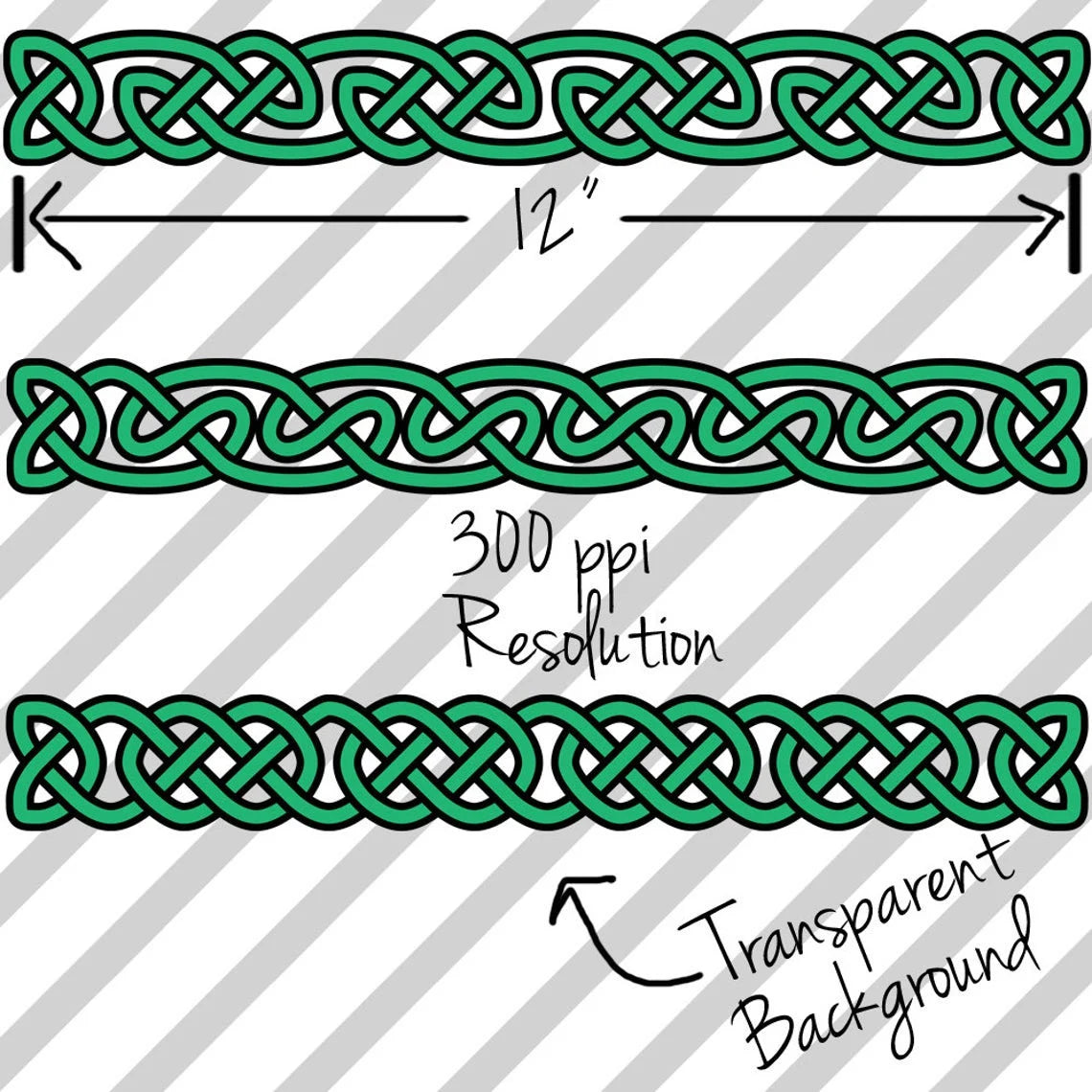 Celtic Borders Clip Art: Transparent, High-resolution PNG files of celtic knot borders for personal and commercial use in green and white