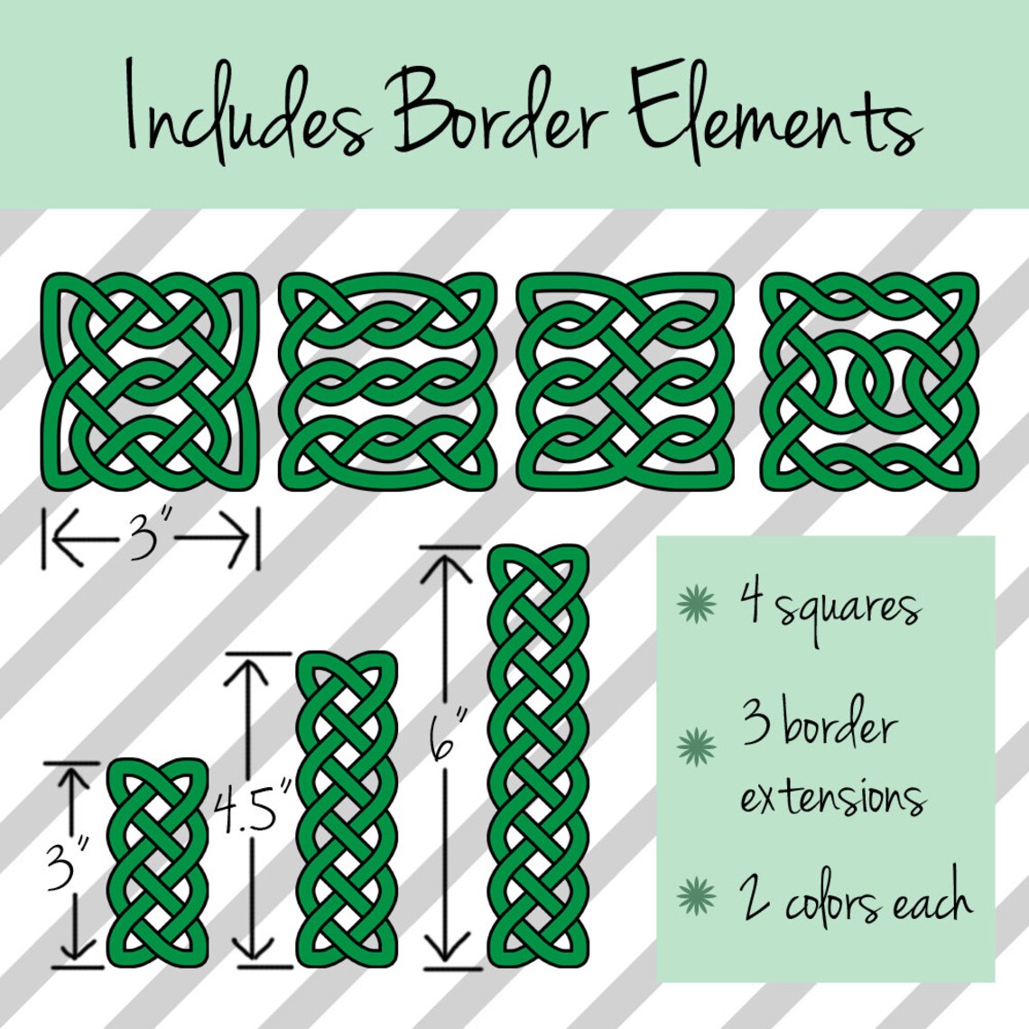 Celtic Borders Clip Art 2: Transparent, High-resolution PNG files of celtic knot borders for personal and commercial use in green and white